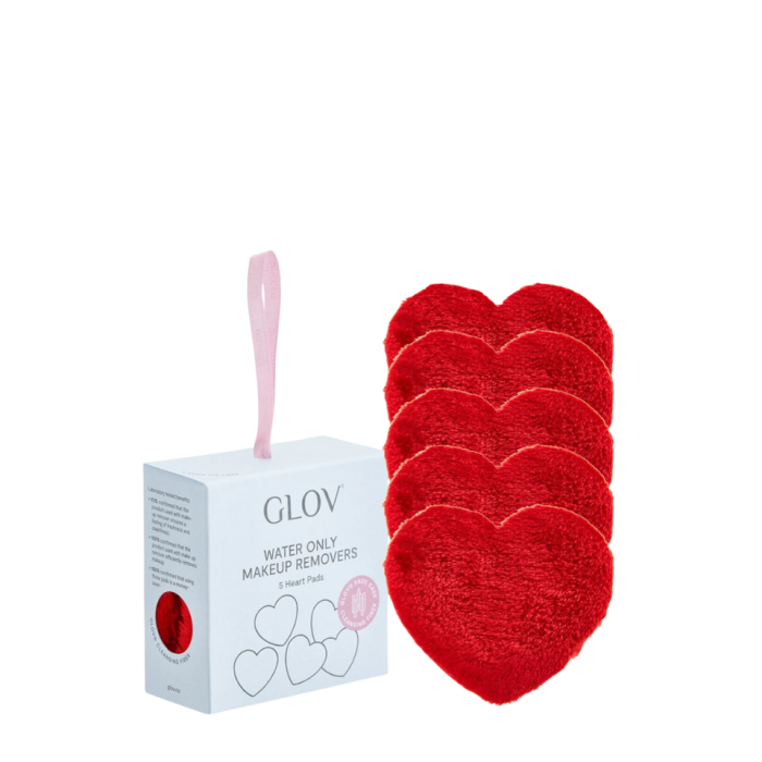 GLOV heart pads 5-pack, 5 επαναχρησιμοποιούμενα pads καθαρισμού από τις πατενταρισμένες μικροΐνες GLOV, σε σχήμα καρδιάς και κοκκινο χρώμα