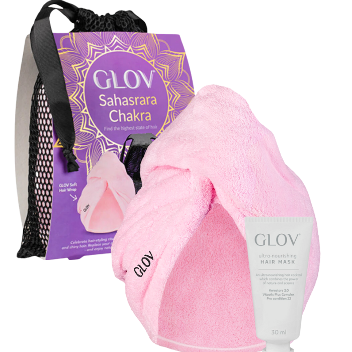 GLOV Sahasrara Chakra set, περιλαμβάνει μια ροζ μαλακη πετσετα μαλλιων hairwrap soft και μια GLOV Ultra Nourishing Hair Mask 30ml μεσα σε ενα πουγκί GLOV σε μαύρο χρώμα